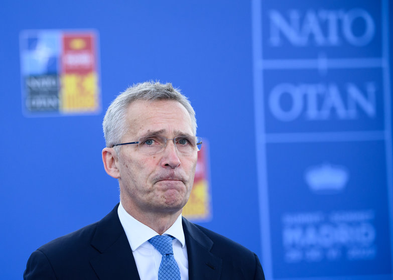 29 June 2022, Spain, Madrid: NATO Secretary-General Jeans Stoltenberg makes remarks upon his arrival at the Nato summit in Madrid. The heads of state and governments of the 30 alliance states are to make decisions on the implementation of the "Nato 2030" reform agenda at the two-day summit. Photo: Bernd von Jutrczenka/dpa.