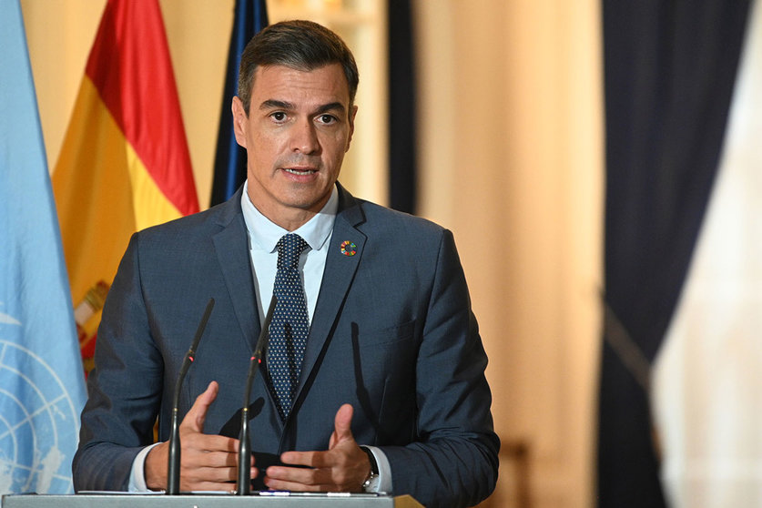 22/09/2022. Prime minister Pedro Sánchez during the press conference that he offered to the media on the fourth day of his stay in New York. Photo: La Moncloa.