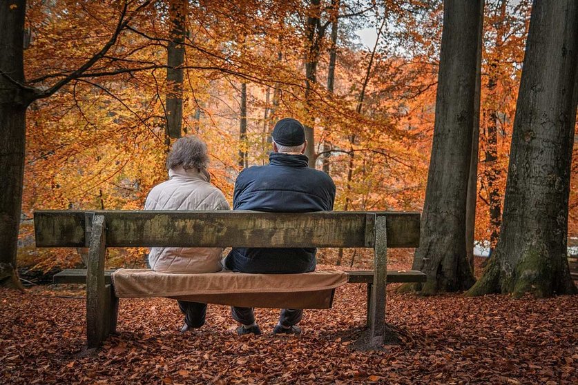 An elderly couple sitting on a bench watching the landscape. Photo: Pixabay.