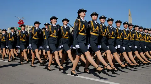 Belarusian soldiers take part in the Victory Day parade, which marks the anniversary of the victory over Nazi Germany in World War Two, amid the coronavirus disease (COVID-19) outbreak, in Minsk, Belarus May 9, 2020. REUTERS/Vasily Fedosenko
