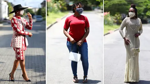 A combination of photos shows women posing for pictures with face masks on, following the spread of coronavirus disease (COVID-19) in Lagos, Nigeria May 14, 2020. REUTERS/Temilade Adelaja