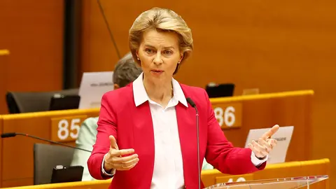 European Commission President Ursula von der Leyen addresses the Plenary of the European Parliament on a new proposal for the EU's joint 2021-27 budget and an accompanying Recovery Instrument to kickstart economic activity in the bloc ravaged by the coronavirus disease (COVID-19) outbreak, in Brussels, Belgium, May 27, 2020. REUTERS/Johanna Geron