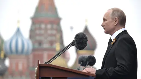 Russian President Vladimir Putin delivers a speech during during the Victory Day military parade, marking the 74th anniversary of the Russian victory over Nazi Germany in World War II, at the Red Square. Russia marked 30 years since it declared independence from the Soviet Union with festivities on Friday, but they were subdued because of the coronavirus pandemic. Photo: -/Kremlin/dpa
