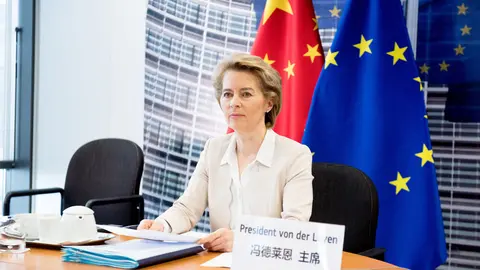 European Commission President Ursula von der Leyen attends an EU-China summit, in video conference format, with Chinese Premier Li Keqiang and European Council President Charles Michel at the European Council. Ursula has announced her intention to review the European Union competition law. Photo: Etienne Ansotte/EU Commission/dpa.
