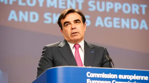 EU Vice-President Margaritis Schinas speaks during a joint press conference with EU Commissioner for Jobs and Social Rights Nicolas Schmit and European Commission Vice-President Valdis Dombrovskis (not pictured) on the Youth Employment Support package and the European Skills Agenda at the EU Commission headquarters. Photo: Aurore Martignoni/European Commission/dpa -