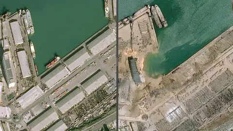 HANDOUT - 05 August 2020, Lebanon, Beirut: An undated combo of satellite images shows the docks of Beirut's port before (L) and after yesterday's massive explosion that killed at least 113 people and injured thousands. Photo: -/CNES2020 via PA Media/dpa.