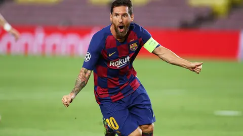 HANDOUT - 08 August 2020, Spain, Barcelona: Barcelona's Lionel Messi celebrates scoring his side's first goal during the UEFA Champions League round of 16 second leg soccer match between Barcelona and Napoli at the Camp Nou Stadium. Photo: Miguel Ruiz/UEFA/dpa.