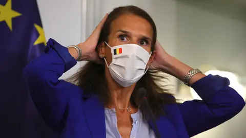 20 August 2020, Belgium, Brussels: Belgian Prime Minister Sophie Wilmes attends a press conference, following a meeting of the National Security Council, to discuss the security measures amid the Coronavirus (Covid-19) outbreak. Photo: Olivier Matthys/dpa.