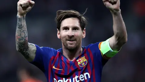 FILED - 10 March 2018, England, London: Barcelona's Lionel Messi celebrates scoring his side's third goal during the UEFA Champions League Group B soccer match between Tottenham Hotspur and Barcelona at Wembley Stadium. Messi has communicated to Barcelona via fax that he wants to leave the club on a free transfer this summer, according to media reports in Spain. Photo: Nick Potts/dpa.