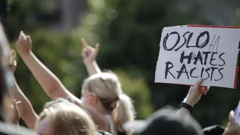 29 August 2020, Norway, Oslo: People take part in a protest under the motto SIAN, or "Stop the Islamization of Norway". Photo: Jil Yngland/dpa.
