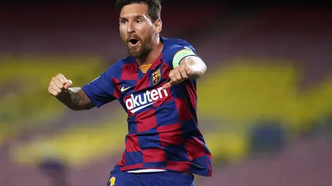 FILED - 08 August 2020, Spain, Barcelona: Barcelona&#39;s Lionel Messi celebrates scoring during the UEFA Champions League round of 16 second leg soccer match between Barcelona and Napoli at the Camp Nou Stadium. Lionel Messi confirmed he is staying at Barcelona until the end of the 2020-21 season. Photo: Miguel Ruiz/UEFA/dpa - ATTENTION: editorial use only in connection with the latest coverage about the transmission. The image may not be modified and can only be used in its entirety, i.e. may not be cropped. May not be archived. Only for use if the credit mentioned above is referenced in full.