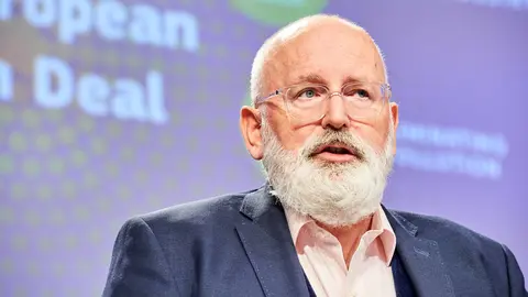 HANDOUT - 17 September 2020, Belgium, Brussels: European Commissioner for the European Green Deal French Timmermans speaks during a press conference on the Commission’s plan to step up the EU’s climate ambition for 2030. Photo: Dati Bendo/European Commission.