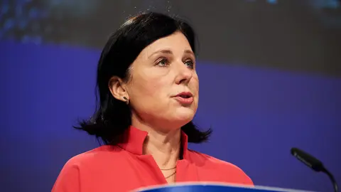 HANDOUT - 18 September 2020, Belgium, Brussels: European Commissioner for Values and Transparency Vera Jourova speaks during a press conference with European Commissioner for Equality Helena Dalli (Not Pictured) on the EU anti-racism Action Plan at EU headquarters. Photo: Dati Bendo/European Commission.
