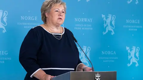 03 September 2020, Norway, Oslo: Norwegian Prime Minister Erna Solberg speaks during a press conference for children about the coronavirus. Photo: Berit Roald/dpa.