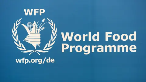 FILED - 14 March 2013, Saxony, Leipzig: A general view of the logo of the World Food Programme (WFP) displayed at the Book Fair. This year's Nobel Peace Prize goes to the World Food Programme (WFP). Photo: Jens Kalaene/dpa.