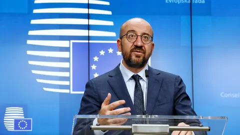 HANDOUT - 16 October 2020, Belgium, Brussels: European Council President Charles Michel speaks at a press conference after the end of a two days European Council summit, focusing on post-Brexit trade deal negotiations. Photo: Dario Pignatelli/European Council/dpa.