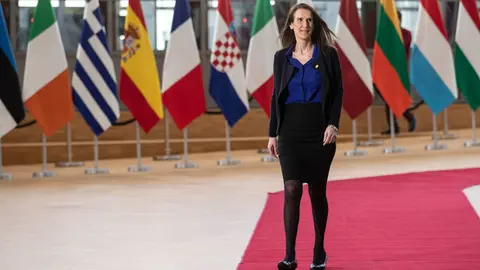 FILED - 21 February 2020, Belgium, Brussels: Then Belgian Prime Minister Sophie Wilmes arrives to attend the second day of an extraordinary EU summit on the European Budget 2021-2027. Belgian Foreign Minister Wilmes on Thursday has been admitted to intensive care for treatment of Covid-19, after having tested positive for the virus over the weekend. Photo: Zucchi Enzo/EU Council.
