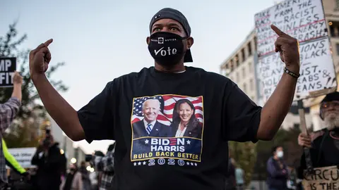 04 November 2020, US, Washington: A Biden's supporter posses for photograph during a Black Lives Matter protest near the White House while waiting for the final result of the 2020 Presidential election. Photo: Probal Rashid/dpa.