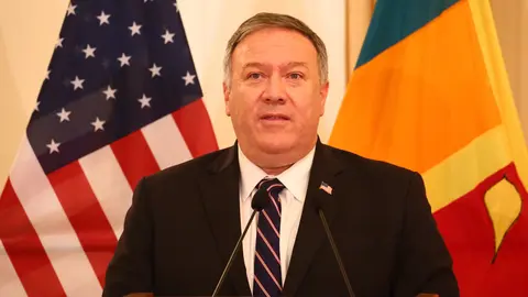 28 October 2020, Sri Lanka, Colombo: US Secretary of State Mike Pompeo speaks during a press conference with Sri Lankan Foreign Minister Dinesh Gunawardena (Not Pictured) following their meeting at the Ministry of Foreign Relations. Photo: Pradeep Dambarage/dpa.