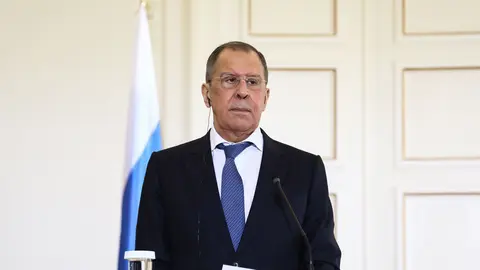 HANDOUT - 26 October 2020, Greece, Athens: Russian Foreign Minister Sergey Lavrov attends a joint press conference with Greek Foreign Minister Nikos Dendias (not pictured) following their meeting at the Foreign Ministry in Athens. Photo: -/Russian Foreign Ministry/dpa - ATTENTION: editorial use only and only if the credit mentioned above is referenced in full