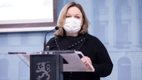 File photo of Minister Krista Kiuru speaking during a press conference. Photography: Jussi Toivanen / Vnk.