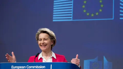 HANDOUT - 08 January 2021, Belgium, Brüssel: President of the European Commission Ursula von der Leyen speaks during a press conference on the coronavirus (Covid-19) vaccine doses from Pfizer-BioNTech. Photo: Etienne Ansotte/European Commission/dpa - ATTENTION: editorial use only and only if the credit mentioned above is referenced in full