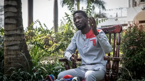 Opposition presidential candidate Bobi Wine, whose real name is Robert Kyagulanyi, speaks during a press conference in which he announced a petition to the international criminal court to investigate rights abuses in the country. Photo: Sally Hayden/SOPA Images via ZUMA Wire/dpa