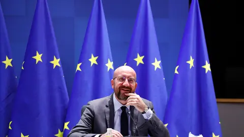 HANDOUT - 21 January 2021, Belgium, Brussels: European Council President Charles Michel takes part in a EU summit video conference at the European Council headquarters. EU leaders were striving to forge a strategy to keep in check fast-spreading new coronavirus variants, with some nations warning they may have to tighten borders. Photo: Dario Pignatelli/European Council/dpa - ATTENTION: editorial use only and only if the credit mentioned above is referenced in full