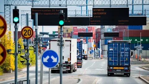 Trucks with cargo entering the port of Helsinki. Photo: Jarmo Vehkakoski/Port of Helsinki.
