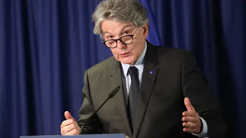 HANDOUT - 25 February 2021, Belgium, Brussels: European Commissioner for Internal Market Thierry Breton speaks during a press conference following Informal meeting of EU internal market and industry ministers, via video conference, at the European Council building in Brussels. Photo: Mario Salerno/European Council/dpa - ATTENTION: editorial use only and only if the credit mentioned above is referenced in full