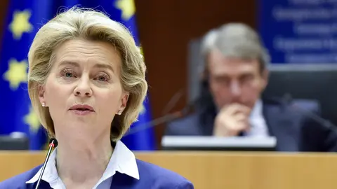 HANDOUT - 10 March 2021, Belgium, Brussels: European Commission President Ursula von der Leyen speaks during the signing ceremony to launch the Conference of the Future of Europe at the European Parliament in Brussels. Photo: Eric Vidal/European Parliament/dpa - ATTENTION: editorial use only and only if the credit mentioned above is referenced in full