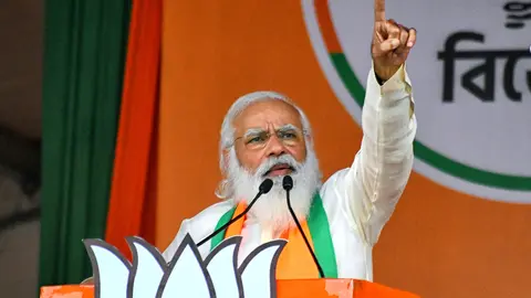 07 March 2021, India, Kolkata: Indian Prime Minster Narendra Modi addresses supporters of the Bharatiya Janata Party (BJP) during a mass rally ahead of the state legislative assembly elections at the Brigade Parade ground in Kolkata. Photo: Avishek Das/SOPA Images via ZUMA Wire/dpa