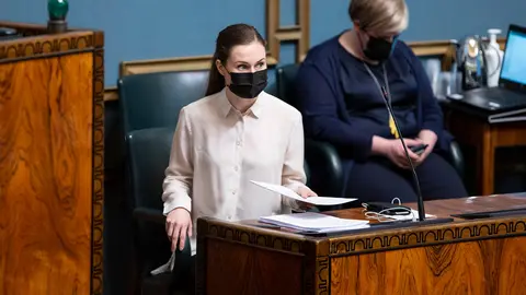 Prime Minister Sanna Marin, at one point in her address to Parliament. Photo: Hanne Salonen/Eduskunta.