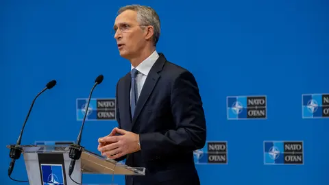 HANDOUT - 24 March 2021, Belgium, Brussels: NATO Secretary General Jens Stoltenberg holds a press conference following the NATO Foreign Affairs Ministers' meetings. Photo: F.Garrido-Ramirez/NATO/dpa - ATTENTION: editorial use only and only if the credit mentioned above is referenced in full