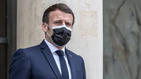 22 March 2021, France, Paris: French President Emmanuel Macron awaits the arrival of the Albanian Prime Minister Edi Rama prior to a meeting at the Elysee Palace. Photo: Sadak Souici/Le Pictorium Agency via ZUMA/dpa