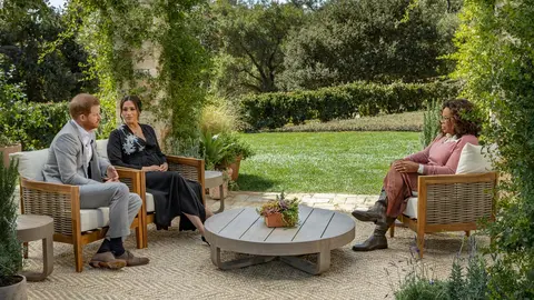 FILED - 08 March 2021, US, ---: An Undated picture provided by Harpo Productions shows Prince Harry Duke of Sussex, and his wife Meghan, Duchess of Sussex, during their interview with Oprah Winfrey. Photo: Joe Pugliese/Harpo Productions via PA Media/dpa