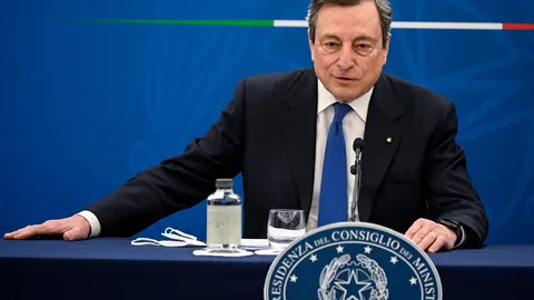 08 April 2021, Italy, Rome: Italian Prime Minister Mario Draghi speaks during a press conference on the vaccination plan to fight COVID-19 pandemic. Photo: Riccardo Antimiani/Pool Ansa/Lap/LaPresse via ZUMA Press/dpa