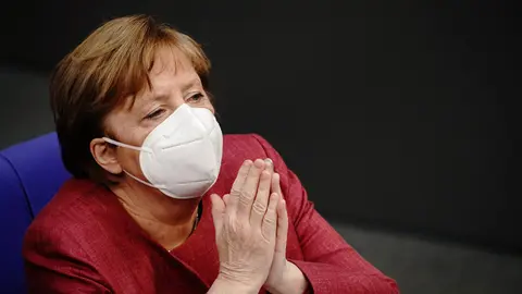 16 April 2021, Berlin: German Chancellor Angela Merkel attends a session at the German parliament on the amendment to the Infection Protection Act. Photo: Kay Nietfeld/dpa.