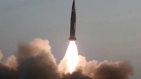 25 March 2021, North Korea, Hamju: A new type of a tactical guided missile is launched from the North Korean town of Hamju. South Korea's military said the previous day that the North fired what appeared to be two short-range ballistic missiles into the East Sea. Photo: -/YNA/dpa