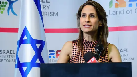 HANDOUT - 27 April 2021, Israel, Tel Aviv: Israeli Minister of Tourism Orit Farkash-Hacohen speaks during a press conference. Tourists vaccinated against coronavirus (Covid-19) can travel to Israel starting in July. Photo: Rafi Ben-Hakoun/GPO/dpa - ATTENTION: editorial use only and only if the credit mentioned above is referenced in full