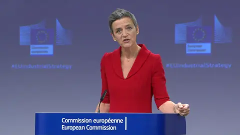 EU Competition Commissioner Margrethe Vestager talks to a press conference. Image: screenshot from EU Commission video.