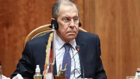 HANDOUT - 12 April 2021, Egypt, Cairo: Russian Foreign Minister Sergey Lavrov attends talks at the Arab League headquarters in Cairo. Photo: -/Russian Foreign Ministry/dpa