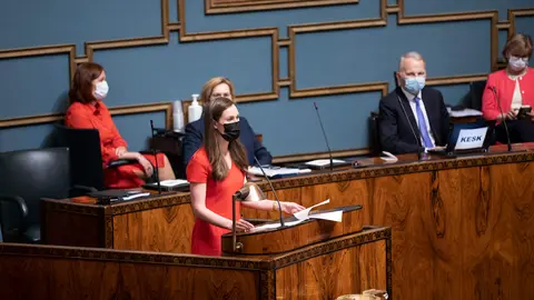 Prime Minister Sanna Marin speaking before Parliament. Photo: Hanne Salonen/Eduskunta.