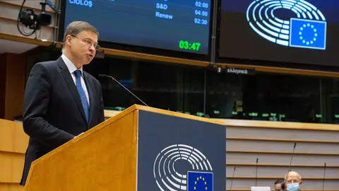 HANDOUT - 19 May 2021, Belgium, Brussels: EU Commission Vice President Valdis Dombrovskis addresses the European Parliament in Brussels. Photo: Eric Vidal/European Parliament/dpa - ATTENTION: editorial use only and only if the credit mentioned above is referenced in full