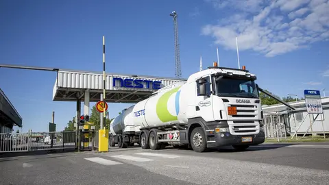 Naantali Refinery gate and truck. Photo: Neste.