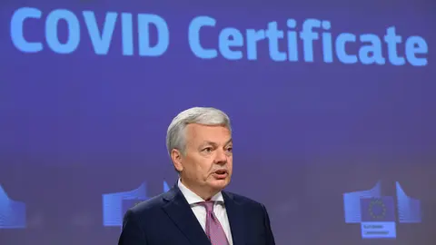 HANDOUT - 21 May 2021, Belgium, Brussels: European Commissioner for Justice Didier Reynders gives a press conference on the EU digital Covid-19 Certificate at the European Commission in Brussels. Photo: Christophe Licoppe/European Commission/dpa - ATTENTION: editorial use only and only if the credit mentioned above is referenced in full