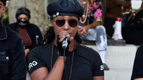 FILED - 12 July 2020, United Kingdom, London: Black Lives Matter activist Sasha Johnson speaks during a Black Lives Matter protest in Parliament Square. Sasha is in critical condition in hospital after being shot in the head in the early hours of Sunday, according to her Taking The Initiative Party. Photo: Thabo Jaiyesimi/SOPA Images via ZUMA Wire/dpa