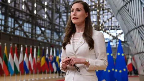 HANDOUT - 24 May 2021, Belgium, Brussels: Finnish Prime Minister Sanna Marin speaks to media upon her arrival to attend a special EU summit. Photo: -/EU Council/dpa - ATTENTION: editorial use only and only if the credit mentioned above is referenced in full