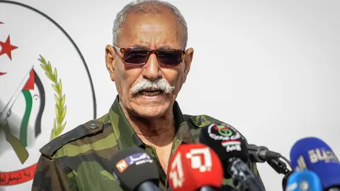 FILED - 27 February 2021, Algeria, Tindouf: Sahrawi President Brahim Ghali speaks during a military parade marking the 45th anniversary of the declaration of the Sahrawi Arab Democratic Republic (SADR), near the south-western Algerian city of Tindouf, considered as the Sahrawi capital in exile. Photo: STR/dpa