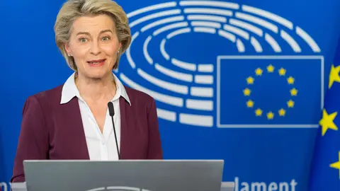 HANDOUT - 14 June 2021, Belgium, Brussels: European Commission President Ursula von der Leyen attends a press conference after the presidents of the three main EU institutions signed a plan for a digital Covid-19 vaccine certificate. Photo: Daina Le Lardic/European Parliament/dpa - ATTENTION: editorial use only and only if the credit mentioned above is referenced in full
